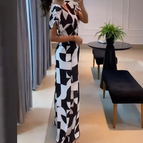 Damen Langes Maxikleid mit grafischem Muster und Raffung EB