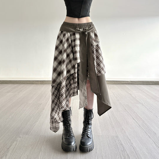 Damen asymmetrischer Wickelrock mit Karomuster und breitem Bindegürtel EB