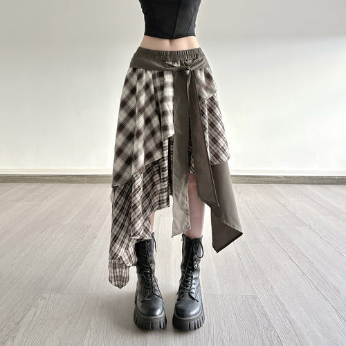 Damen asymmetrischer Wickelrock mit Karomuster und breitem Bindegürtel EB