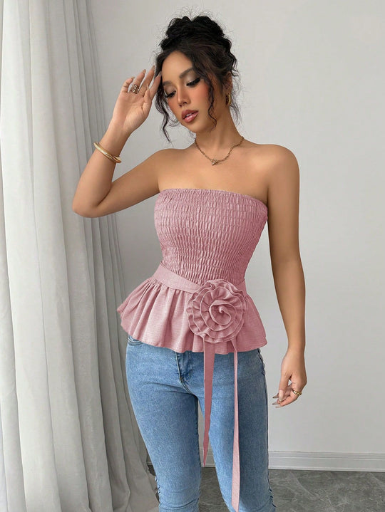Damen Rüschen Top mit Taillenknoten EB