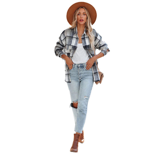 Damen Plaid Oversized Hemdjacke mit zwei Taschen und lässigem Schnitt EB