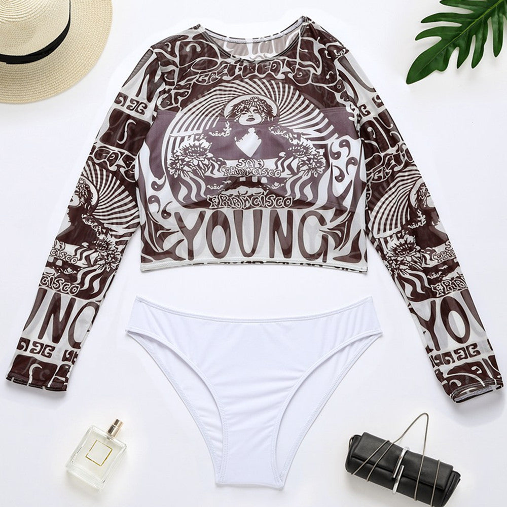 Damen Sportlicher Crop-Top mit langem Arm und eleganten Print EB