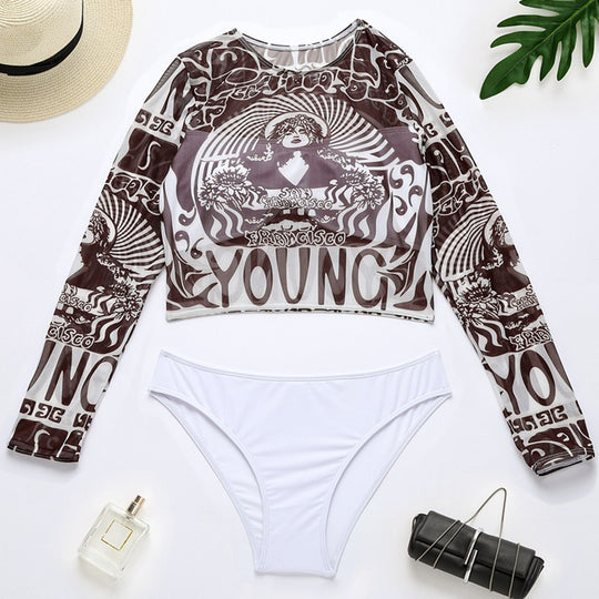 Damen Sportlicher Crop-Top mit langem Arm und eleganten Print EB