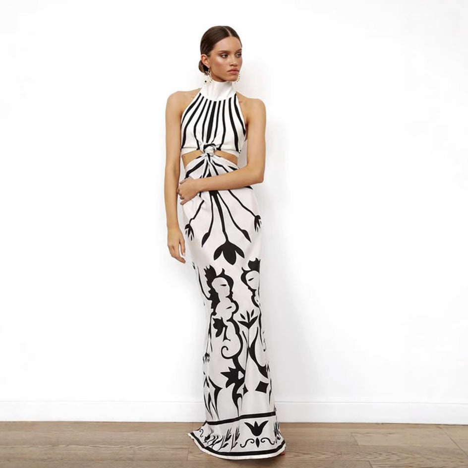 Damen elegantes Maxikleid mit asymmetrischem Schnitt und floralem Design EB