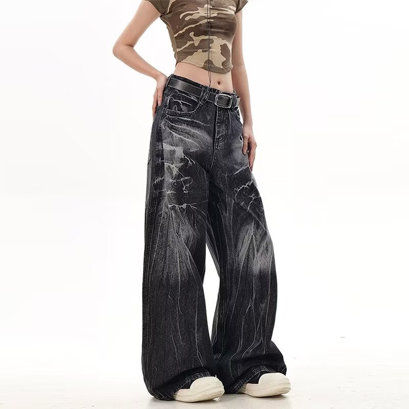 Damen Weite Jeanshose mit modischem Used-Look und hohem Bund EB