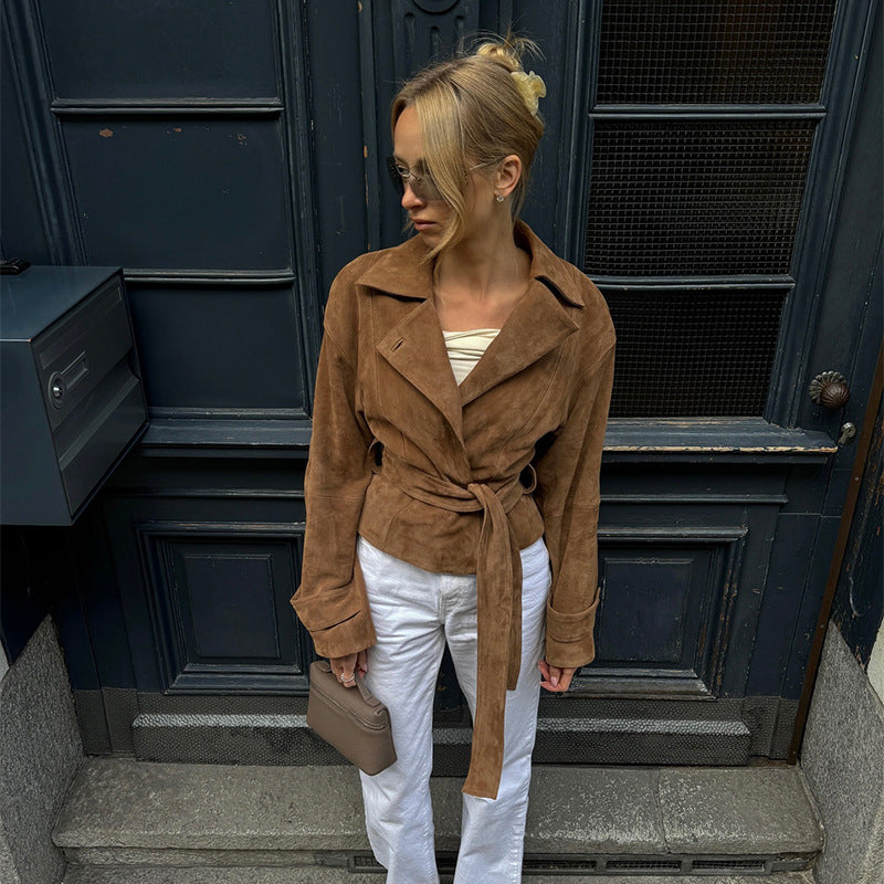 Damen Übergangsjacke im modernen Wildleder-Look mit Taillengürtel und weit geschnittenen Ärmeln EB