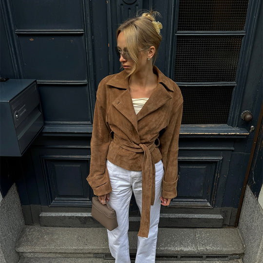 Damen Übergangsjacke im modernen Wildleder-Look mit Taillengürtel und weit geschnittenen Ärmeln EB