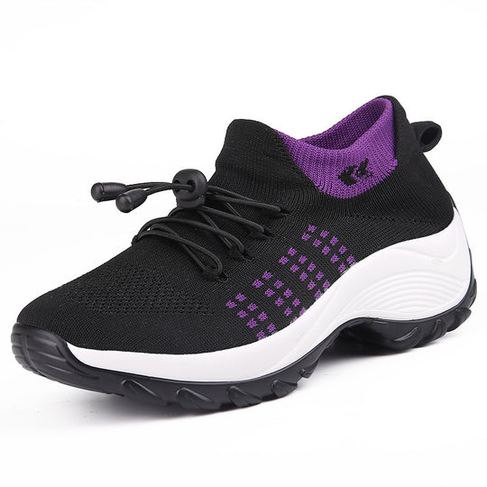 Damen gestrickte Slip-On Sneaker mit Schnellzugkordel, elastischem Schaft und stoßdämpfender Plateau-Sohle EB