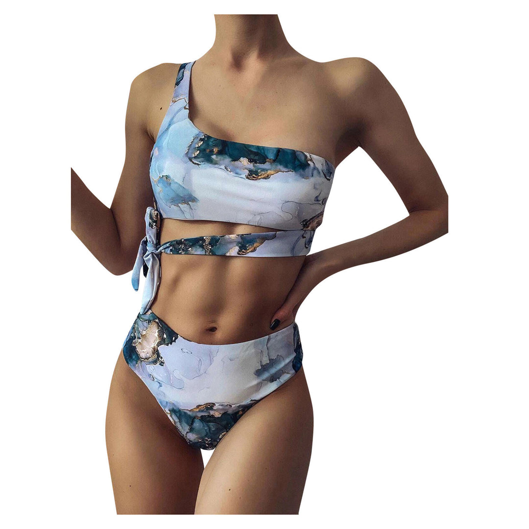 Damen Hoch geschnittenes Bikini-Set mit stylischem Marmor-Print EB