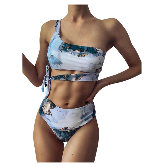 Damen Hoch geschnittenes Bikini-Set mit stylischem Marmor-Print EB