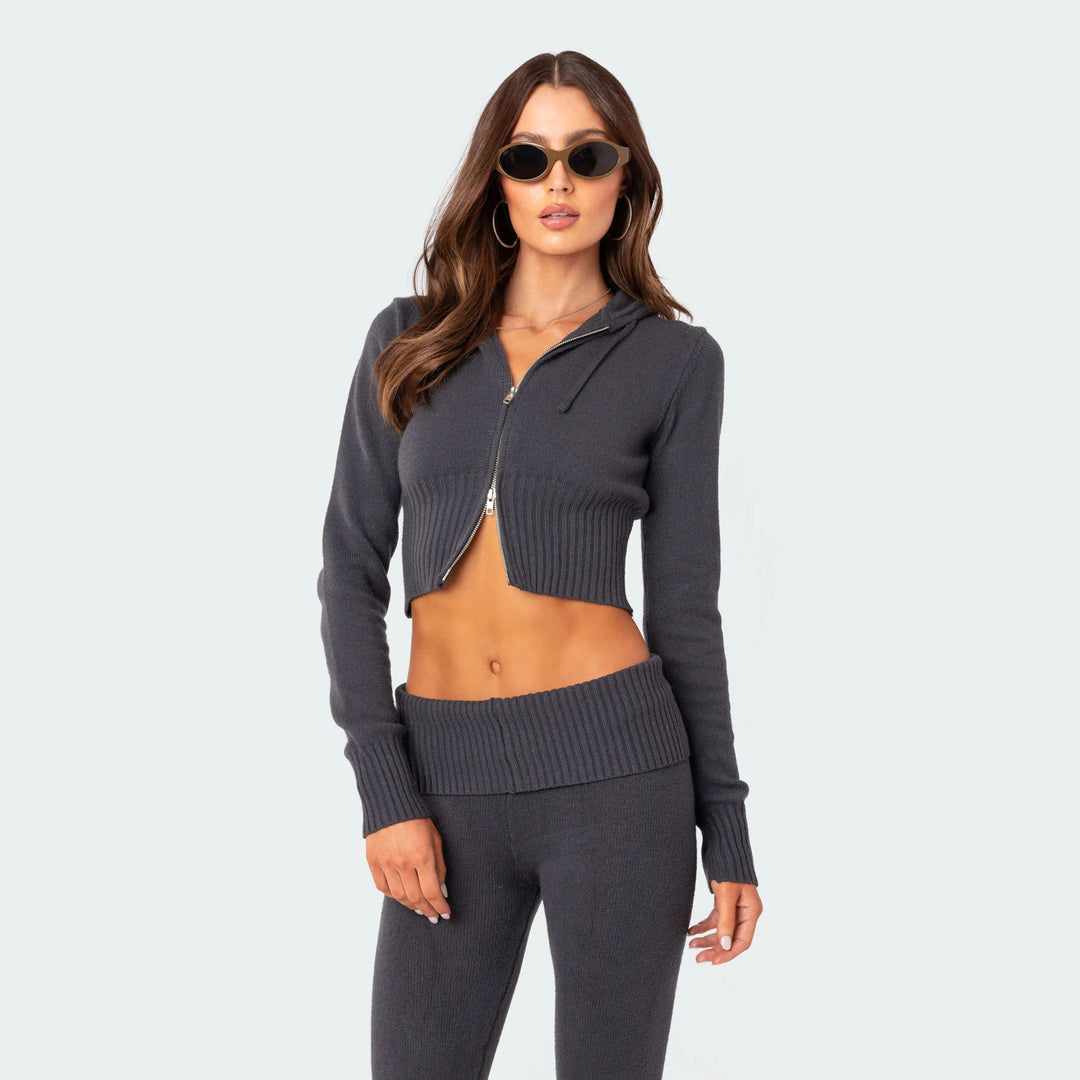Damen Cropped Strick-Set mit hoher Taille und weitem Bein EB