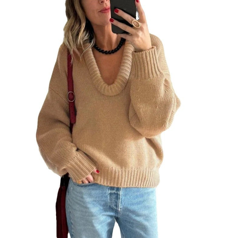 Damen Strickpullover mit V-Ausschnitt und lässigem Schnitt EB