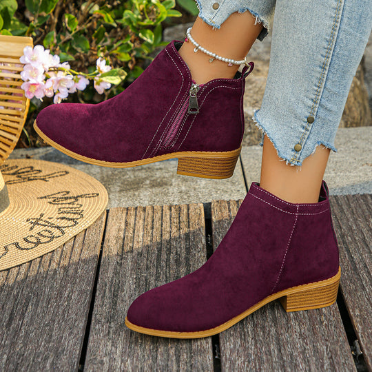 Damen elegante Ankle-Boots aus Velourslederimitat mit seitlichem Reißverschluss und niedrigem Blockabsatz EB