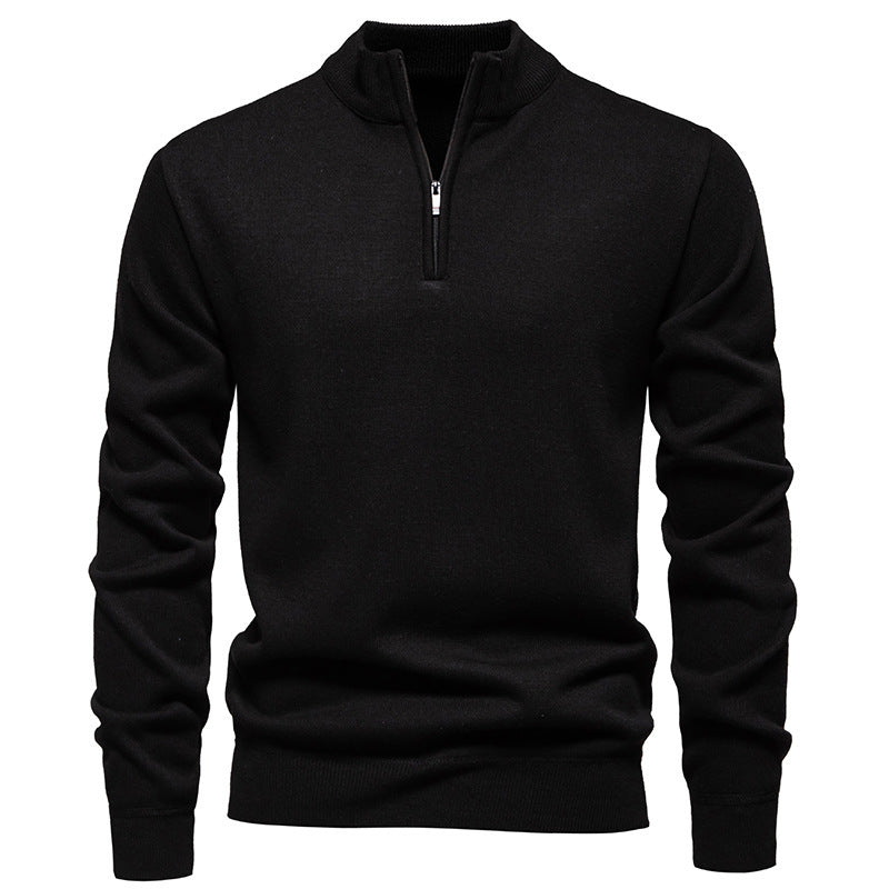 Herren nan Slim-Fit Feinstrickpullover mit kurzem Reißverschluss, Stehkragen und geripptem Bund EB