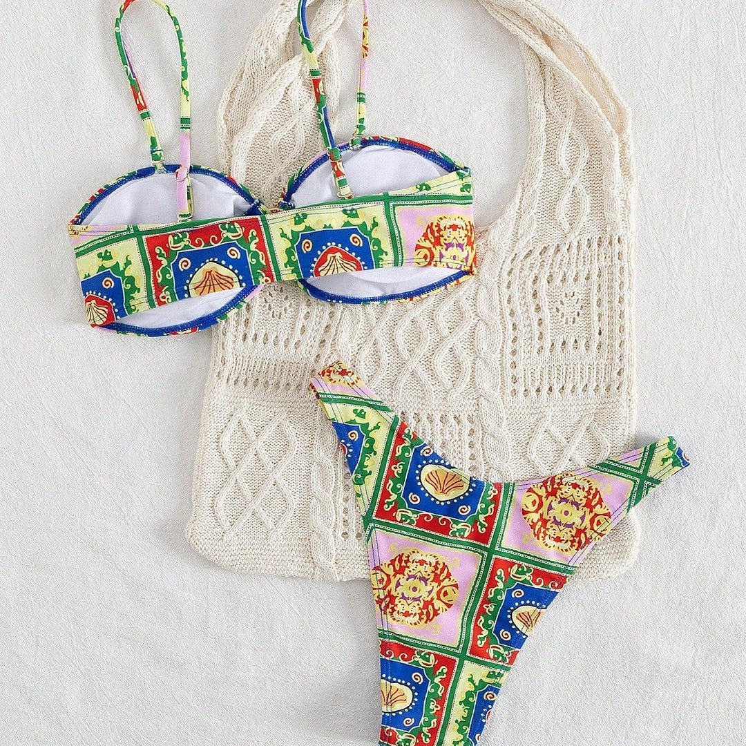 Damen Bikini mit elegantem Bandeau-Schnitt und buntem Muster EB