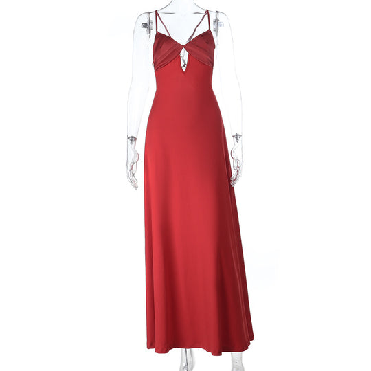 Damen elegantes Maxikleid mit v-förmigem Ausschnitt und feinen Trägern EB