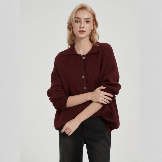 Damen Oversized Strickpullover mit elegantem Kragen und Knopfdetails EB