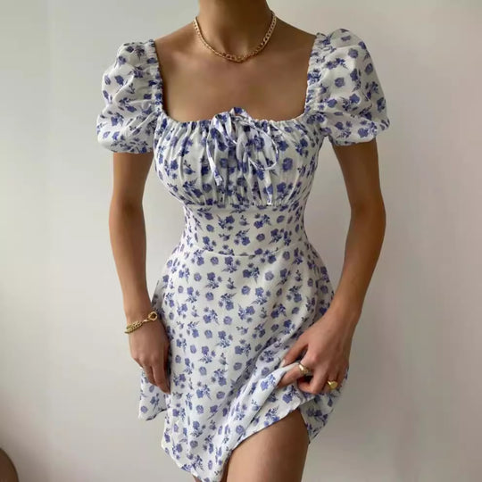 Damen Minikleid mit voluminösen Puffärmeln und floralem Muster EB