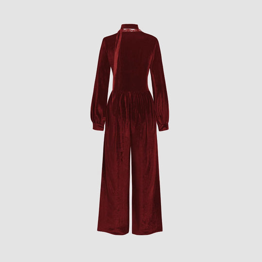 Damen eleganter Samt-Jumpsuit mit schickem Kragen und weitem Bein EB