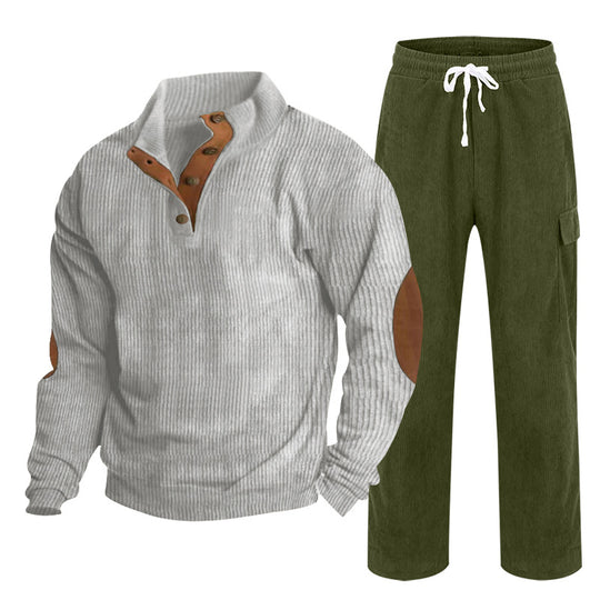 Herren nan strukturiertes Cord-Henley-Loungewear-Set mit Ellenbogenpatches und Cargo-Jogpant EB