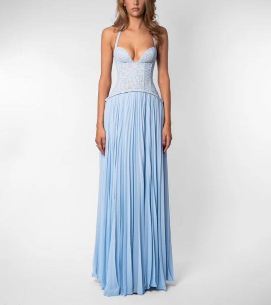 Damen nan elegantes Abendkleid mit Spitzenkorsett und plissiertem Maxirock EB