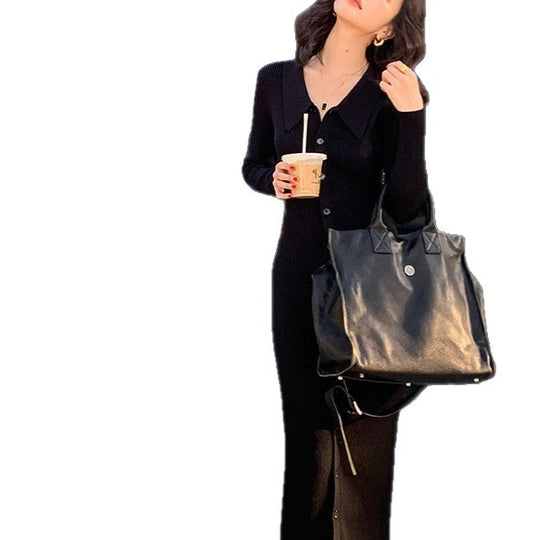 Damen Strickmaxikleid mit Knopfverschluss und modischem Kragen EB