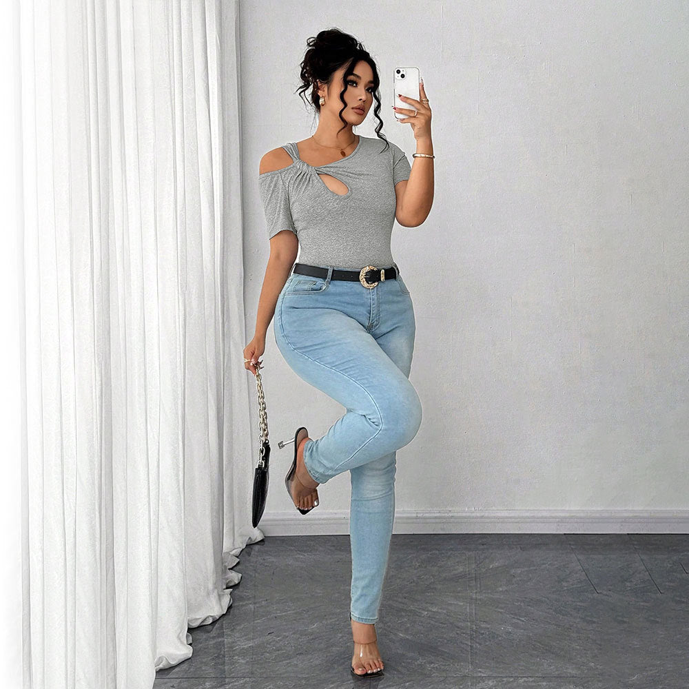 Damen Figurbetontes Kurzarm-Body mit asymmetrischem Ausschnitt und Knotendetail EB