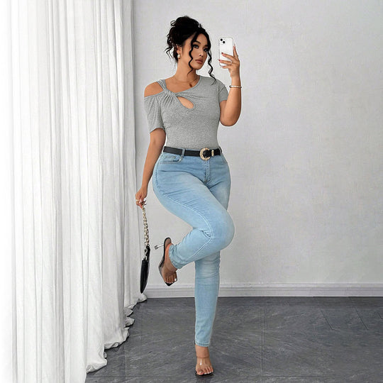 Damen Figurbetontes Kurzarm-Body mit asymmetrischem Ausschnitt und Knotendetail EB
