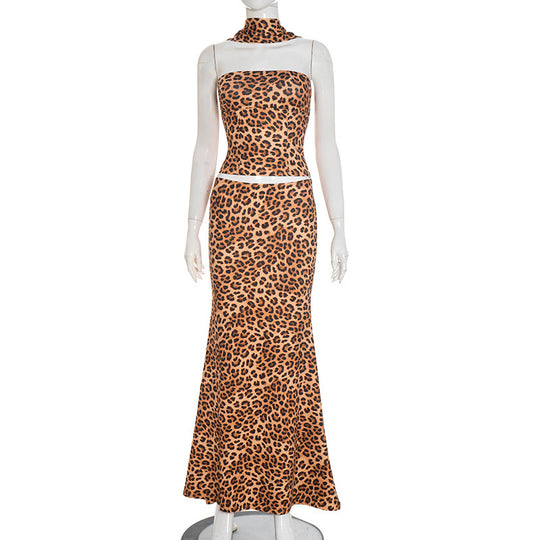 Damen Maxikleid mit figurformendem Stoff und eleganten Leopardenmuster EB