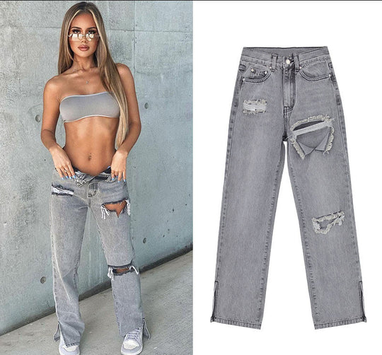 Damen lässige Ripped Jeans mit hoher Taille und modernen Fransen EB