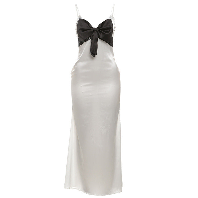 Damen Elegantes Maxikleid mit verführerischem Satineinsatz und charmantem Schleifenakzent EB