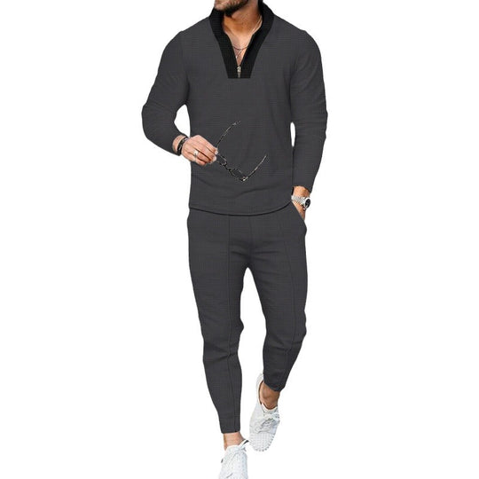 Herren nan modernes Freizeit-Set Halbzip-Henleypullover mit Raglanärmeln und tapered Bügelfalten-Jogginghose EB