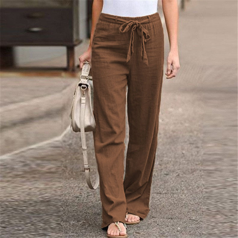 Damen nan lässige Leinenmix Weitebein Hose mit Kordelzug EB