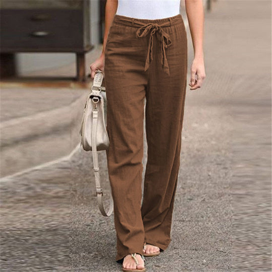 Damen nan lässige Leinenmix Weitebein Hose mit Kordelzug EB