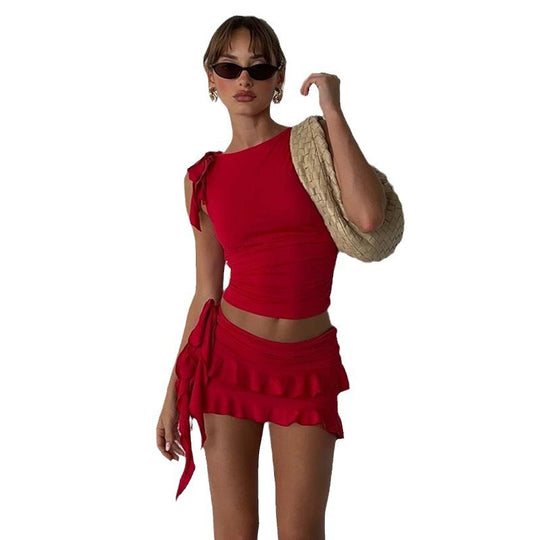 Damen Crop-Top und Miniröckchen Set im eleganten Rüschendesign EB