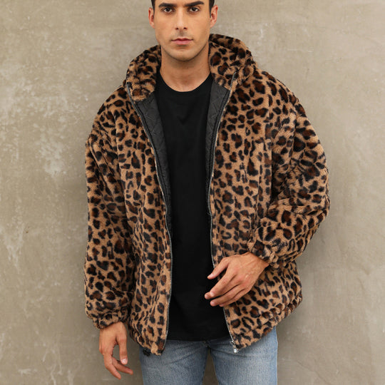 Herren kuschelige Fleecejacke im Leopardenmuster EB