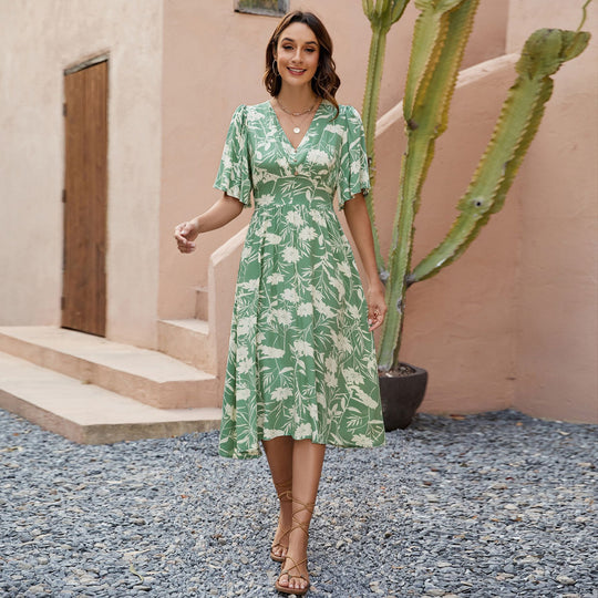 Damen Midi-Kleid mit V-Ausschnitt und voluminösen Ärmeln EB