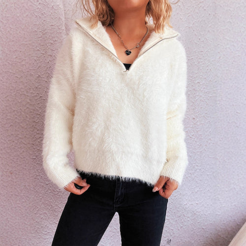 Damen kuscheliger Pullover mit hohem Kragen und Reißverschluss EB