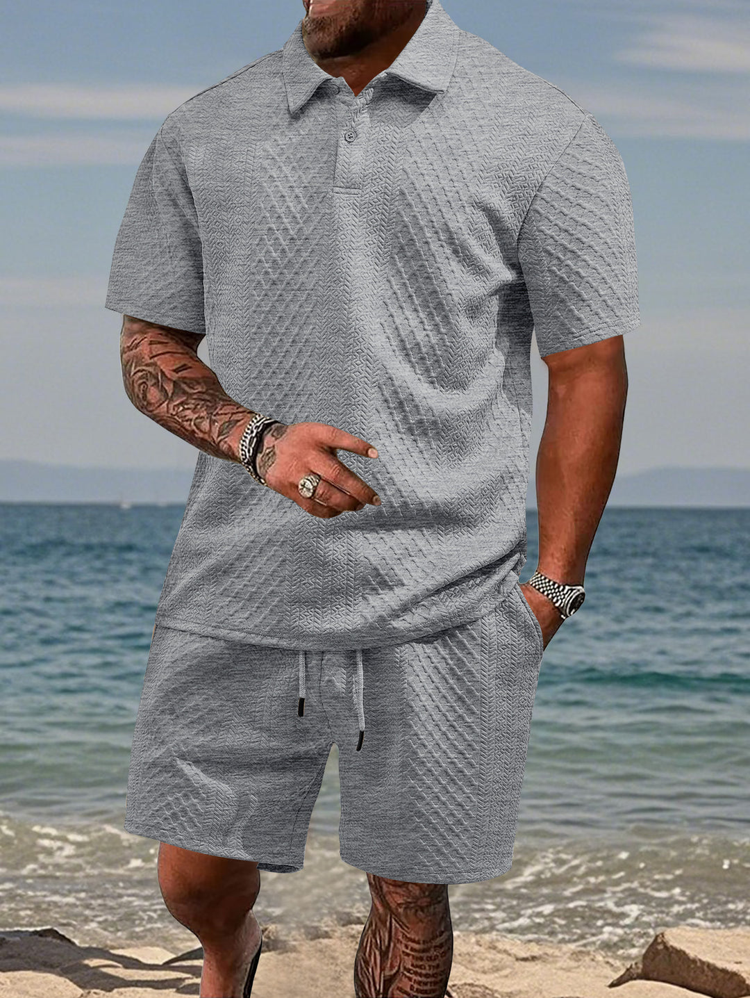Herren nan geprägtes Strand-Ensemble mit offenem Kurzarm-Hemd und Kordel-Bermuda EB