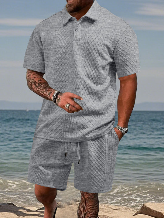 Herren nan geprägtes Strand-Ensemble mit offenem Kurzarm-Hemd und Kordel-Bermuda EB
