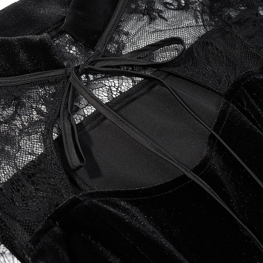 Damen Abendkleid mit transparenten Spitzenärmel und Rüschensaum EB
