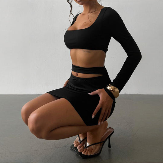 Damen Figurbetontes Cut-Out Minikleid mit quadratischem Ausschnitt und langen Ärmeln EB