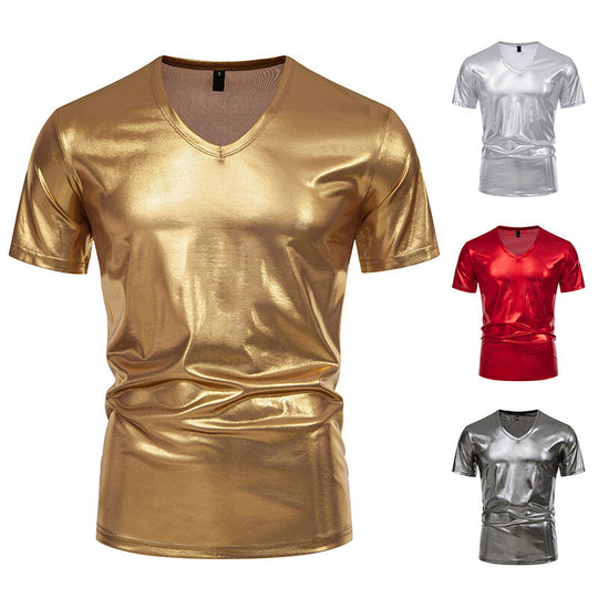 Herren V-Ausschnitt T-Shirt aus glänzendem Material mit persönlichem Stil EB