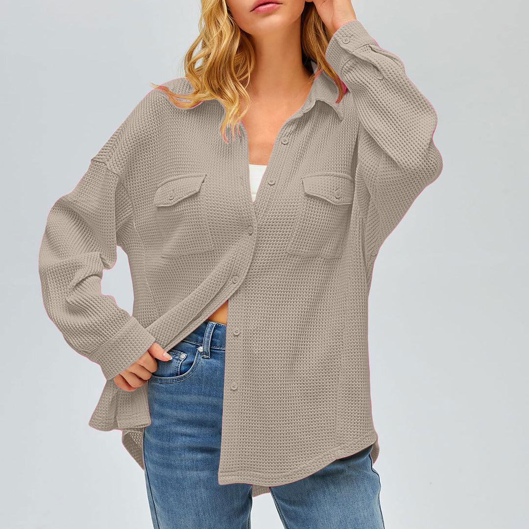 Damen nan oversized Waffelstrick Hemdjacke mit Brusttaschen und Knopfleiste EB
