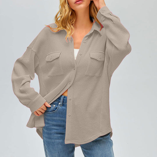 Damen nan oversized Waffelstrick Hemdjacke mit Brusttaschen und Knopfleiste EB
