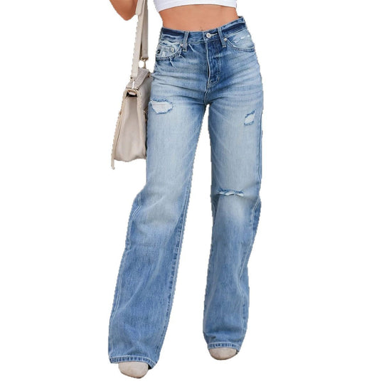 Damen Weit geschnittene High-Waist Jeans mit modischen Destroyed-Details EB