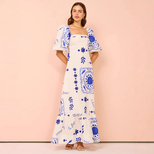 Damen Maxikleid mit eleganten Puffärmeln und floralen Akzenten EB