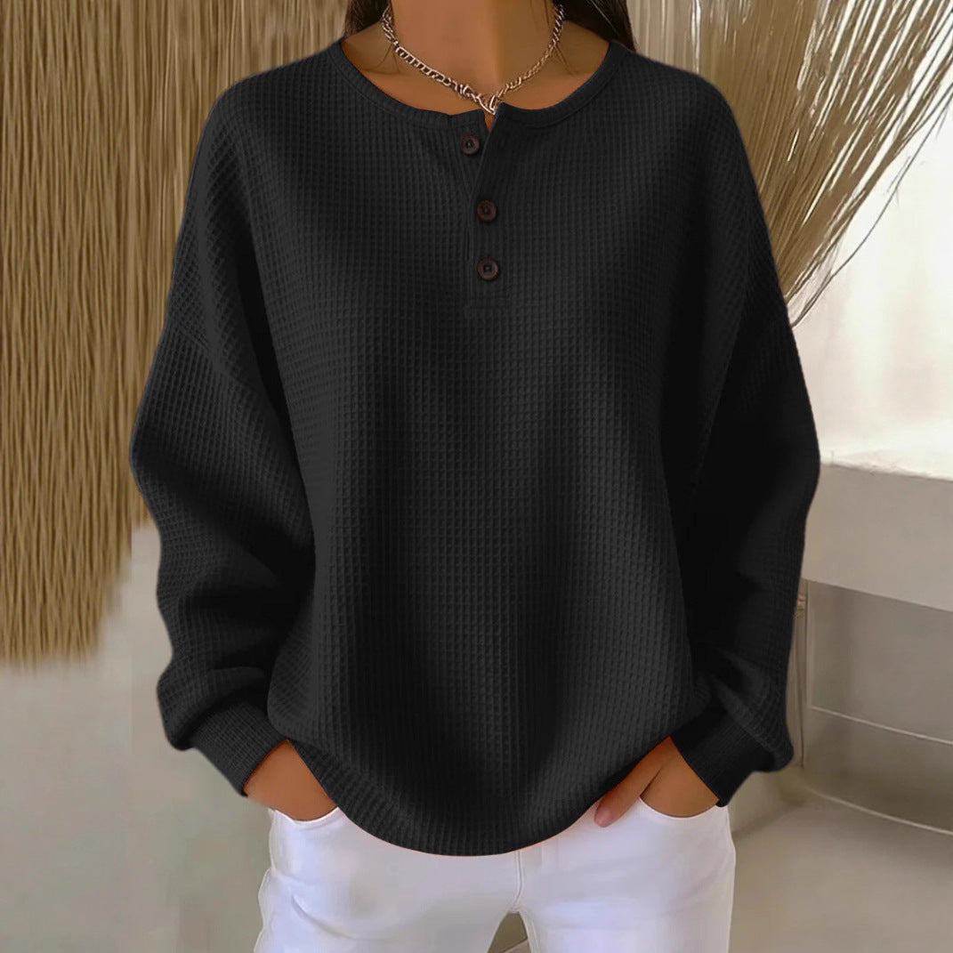 Damen nan Oversized Waffelstrick Henley-Pullover mit Knopfleiste und abgerundetem Saum EB