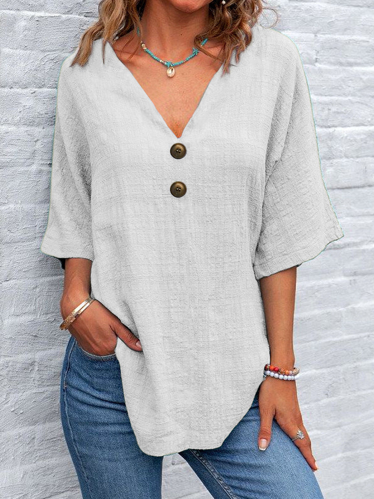Damen V-Ausschnitt Bluse mit dekorativen Knöpfen und lässigem Schnitt EB