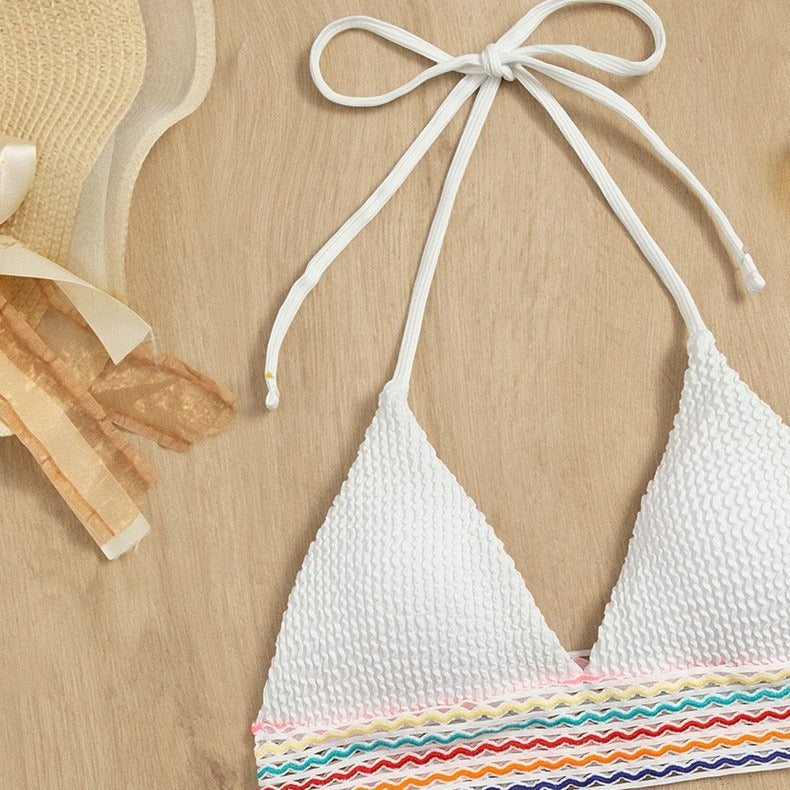 Damen Triangel-Bikini mit hoch geschnittenem Unterteil und buntem Wickelband EB